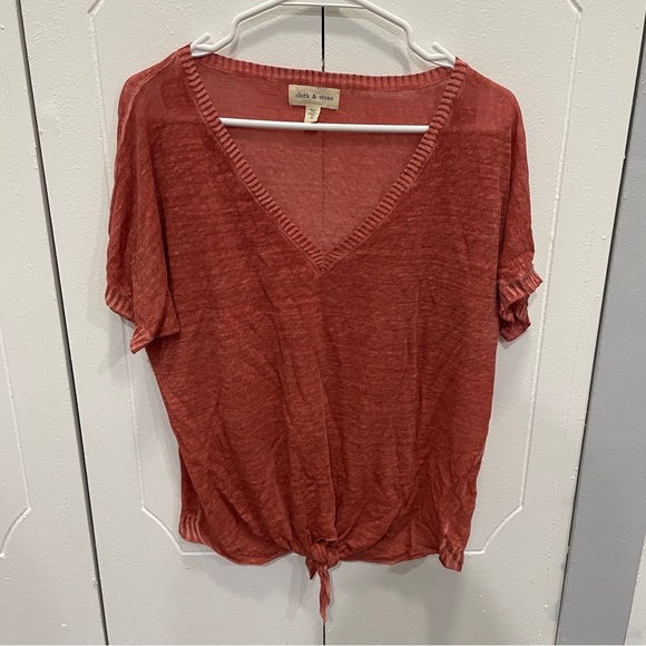 Cloth & Stone by Anthropologie Red Tie Linen Short Sleeve Shirt - Picture 2 of 11